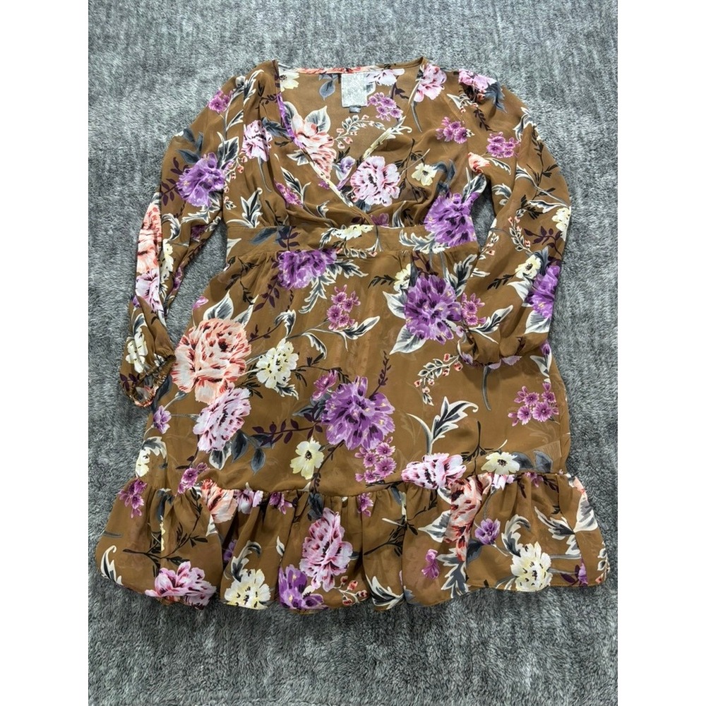 Angel Ribbons Floral Wrap Dress Brown Purple Ruffle Hem US 12 Feminine Modest‎